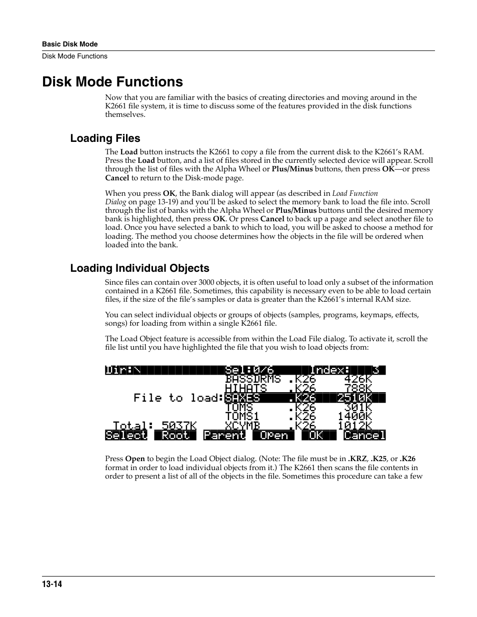 Disk mode functions, Loading files, Loading individual objects | Disk mode functions -14 | ALESIS K2661 User Manual | Page 164 / 286