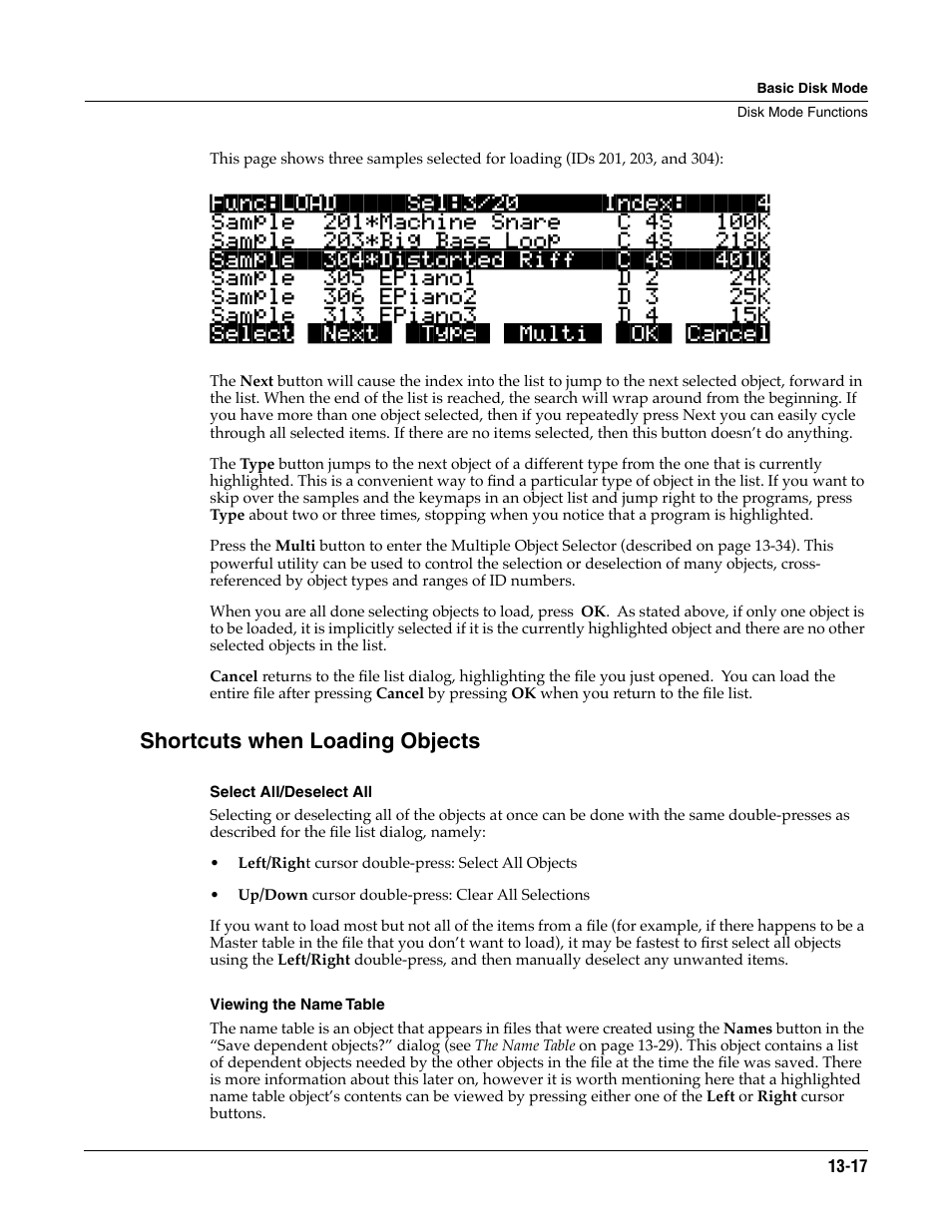 Shortcuts when loading objects, Select all/deselect all, Viewing the name table | ALESIS K2661 User Manual | Page 167 / 286