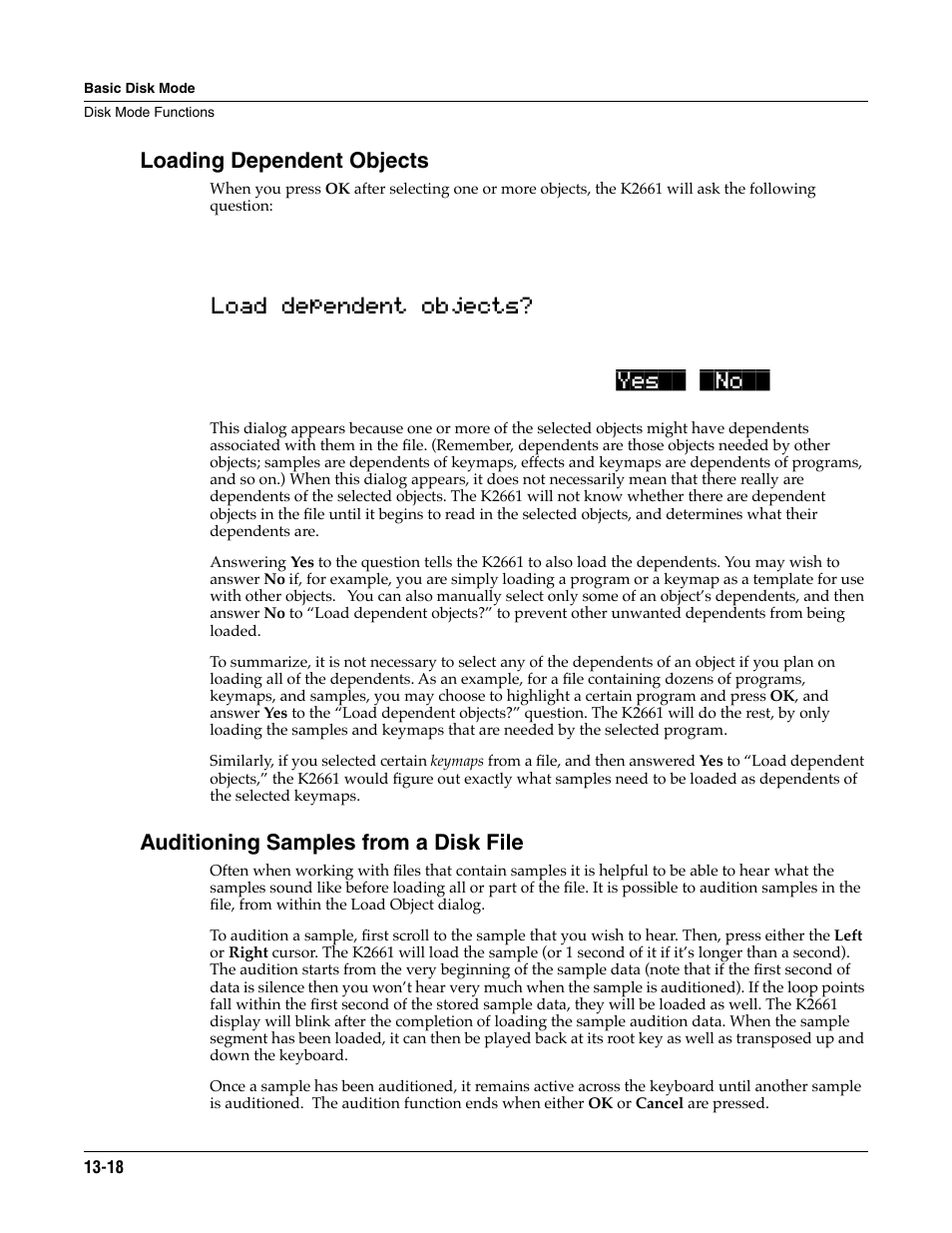 Loading dependent objects, Auditioning samples from a disk file | ALESIS K2661 User Manual | Page 168 / 286