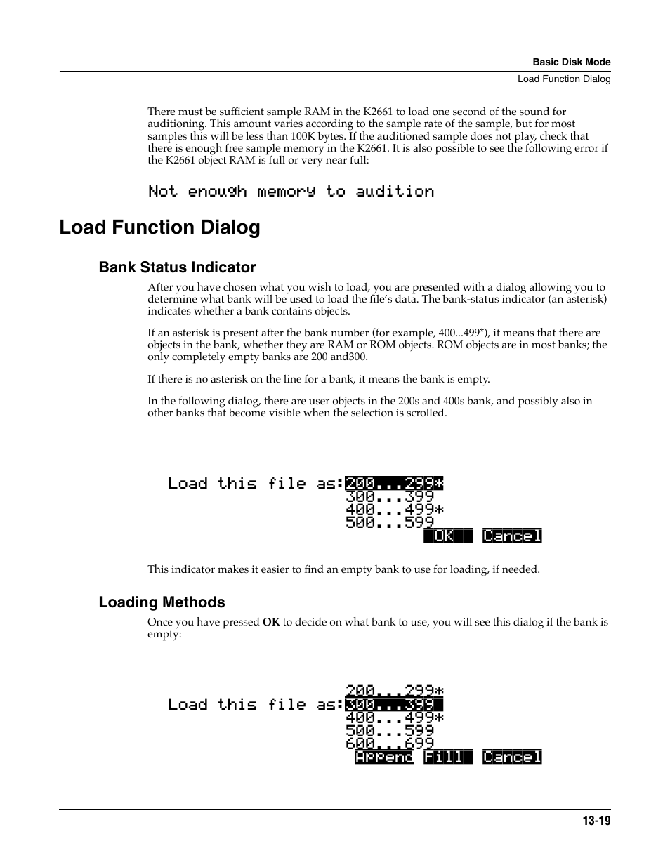 Load function dialog, Bank status indicator, Loading methods | Load function dialog -19 | ALESIS K2661 User Manual | Page 169 / 286