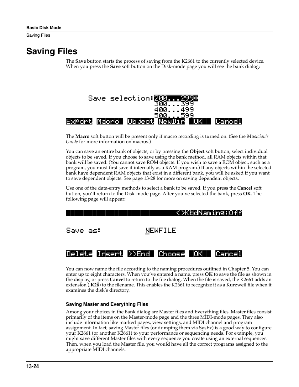 Saving files, Saving master and everything files, Saving files -24 | ALESIS K2661 User Manual | Page 174 / 286