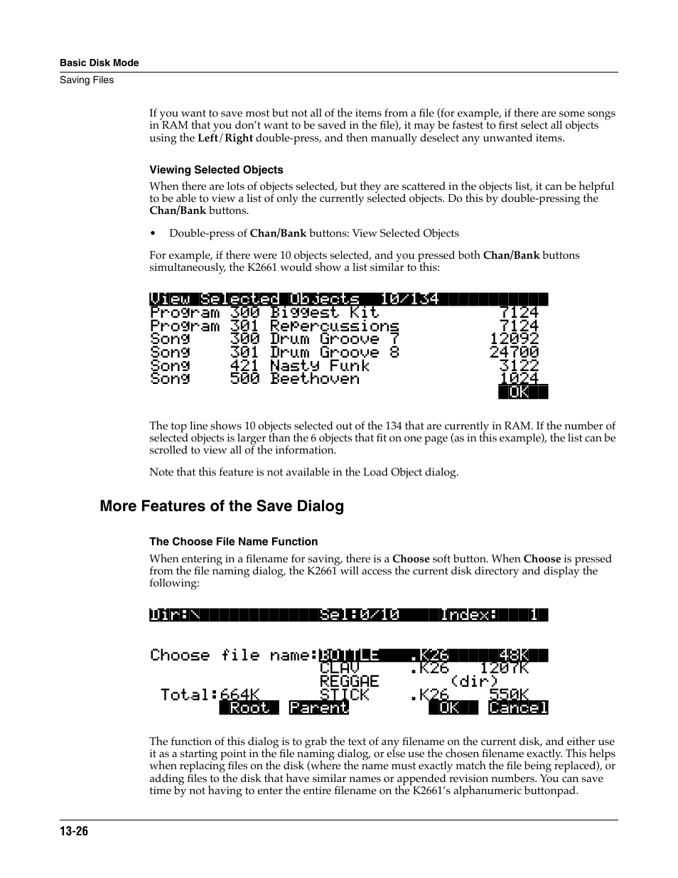 Viewing selected objects, More features of the save dialog, The choose file name function | ALESIS K2661 User Manual | Page 176 / 286