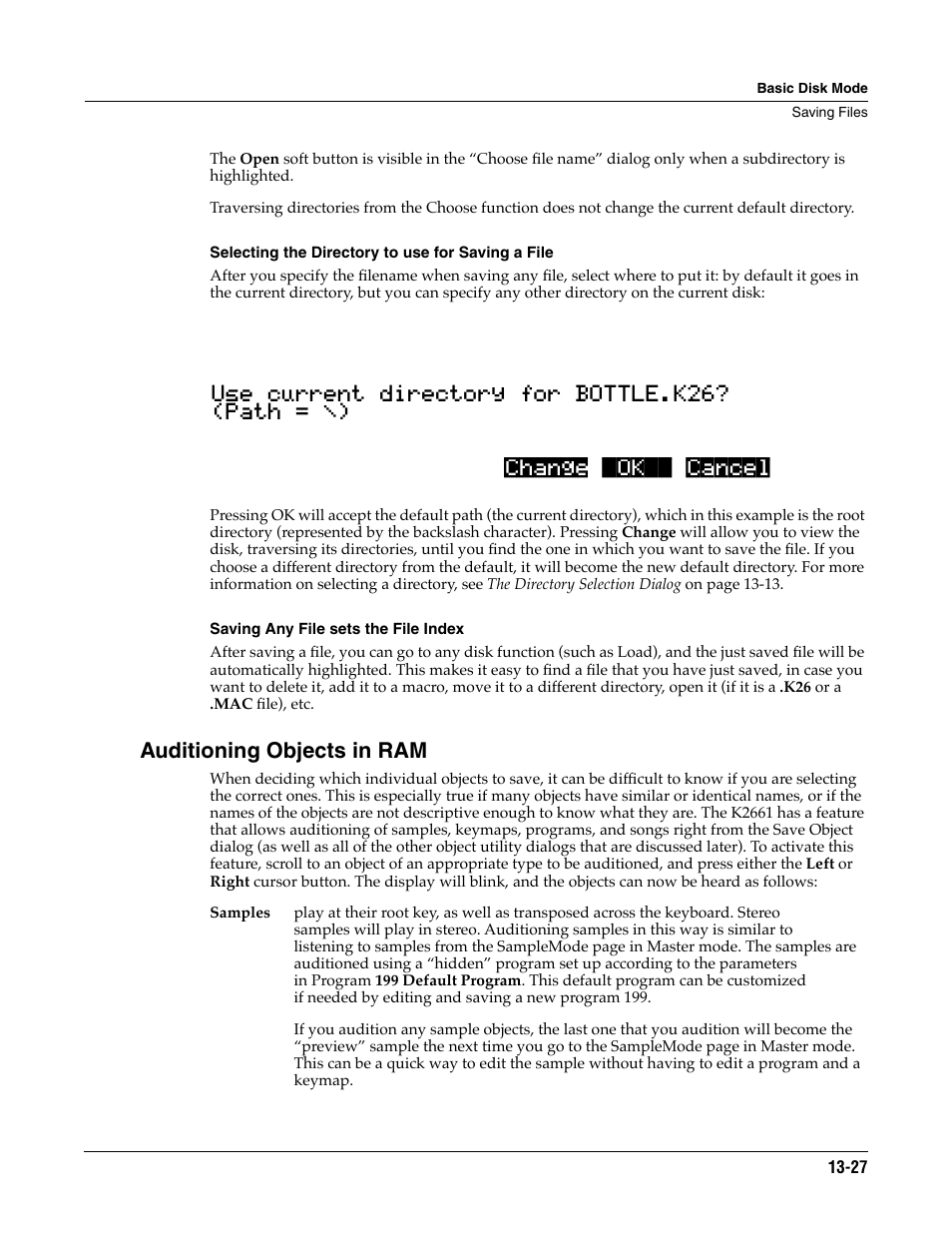 Selecting the directory to use for saving a file, Saving any file sets the file index, Auditioning objects in ram | ALESIS K2661 User Manual | Page 177 / 286