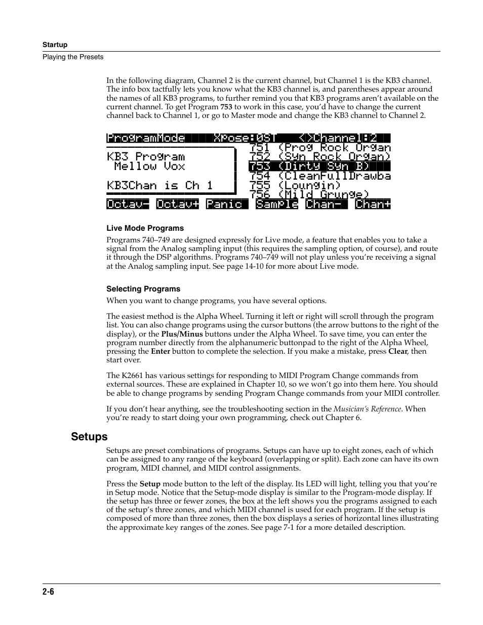 Live mode programs, Selecting programs, Setups | ALESIS K2661 User Manual | Page 18 / 286