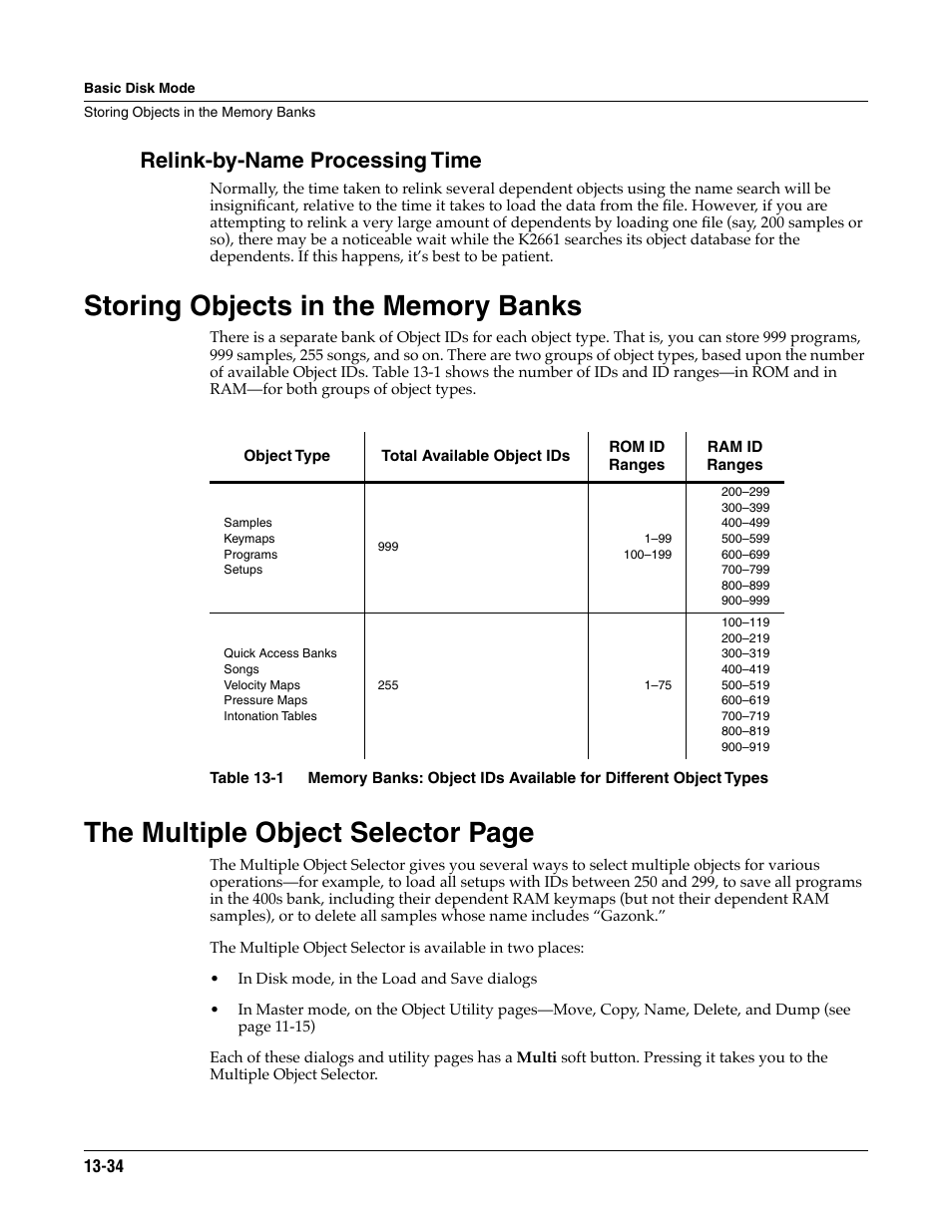 Relink-by-name processing time, Storing objects in the memory banks, The multiple object selector page | ALESIS K2661 User Manual | Page 184 / 286