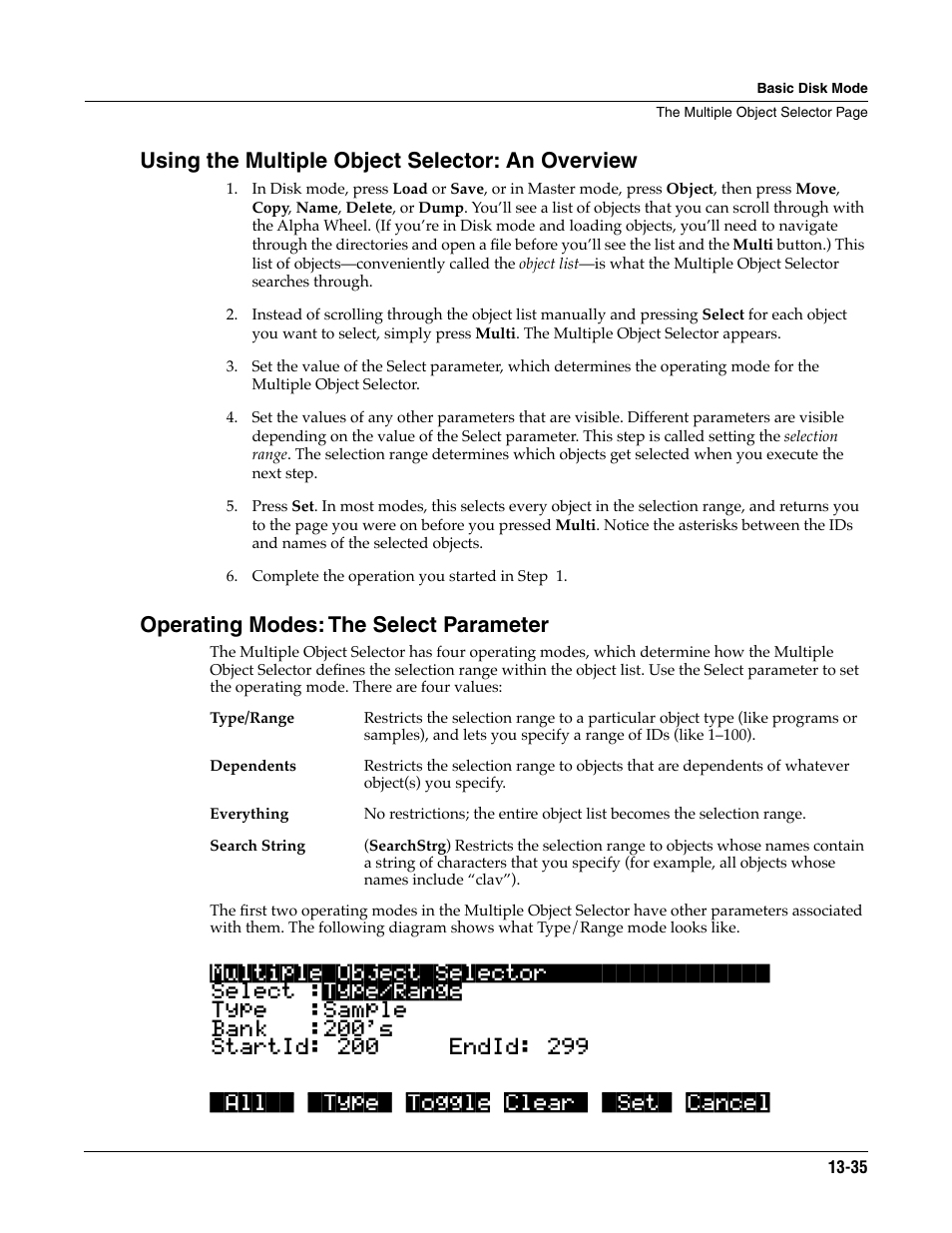 Using the multiple object selector: an overview, Operating modes: the select parameter | ALESIS K2661 User Manual | Page 185 / 286