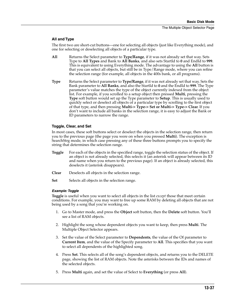 All and type, Toggle, clear, and set, Example: toggle | ALESIS K2661 User Manual | Page 187 / 286