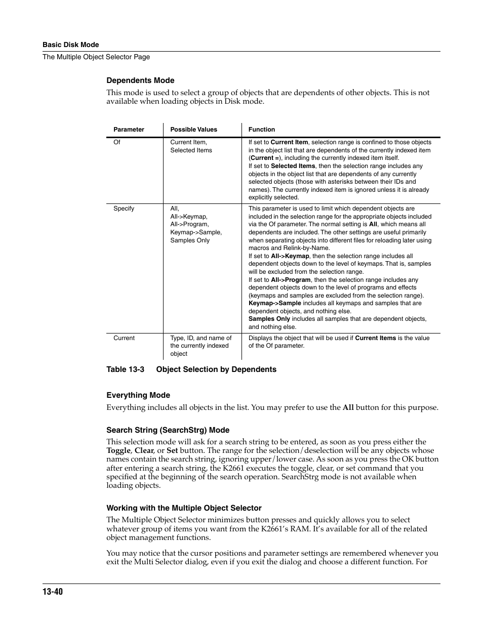 Dependents mode, Everything mode, Search string (searchstrg) mode | Working with the multiple object selector | ALESIS K2661 User Manual | Page 190 / 286