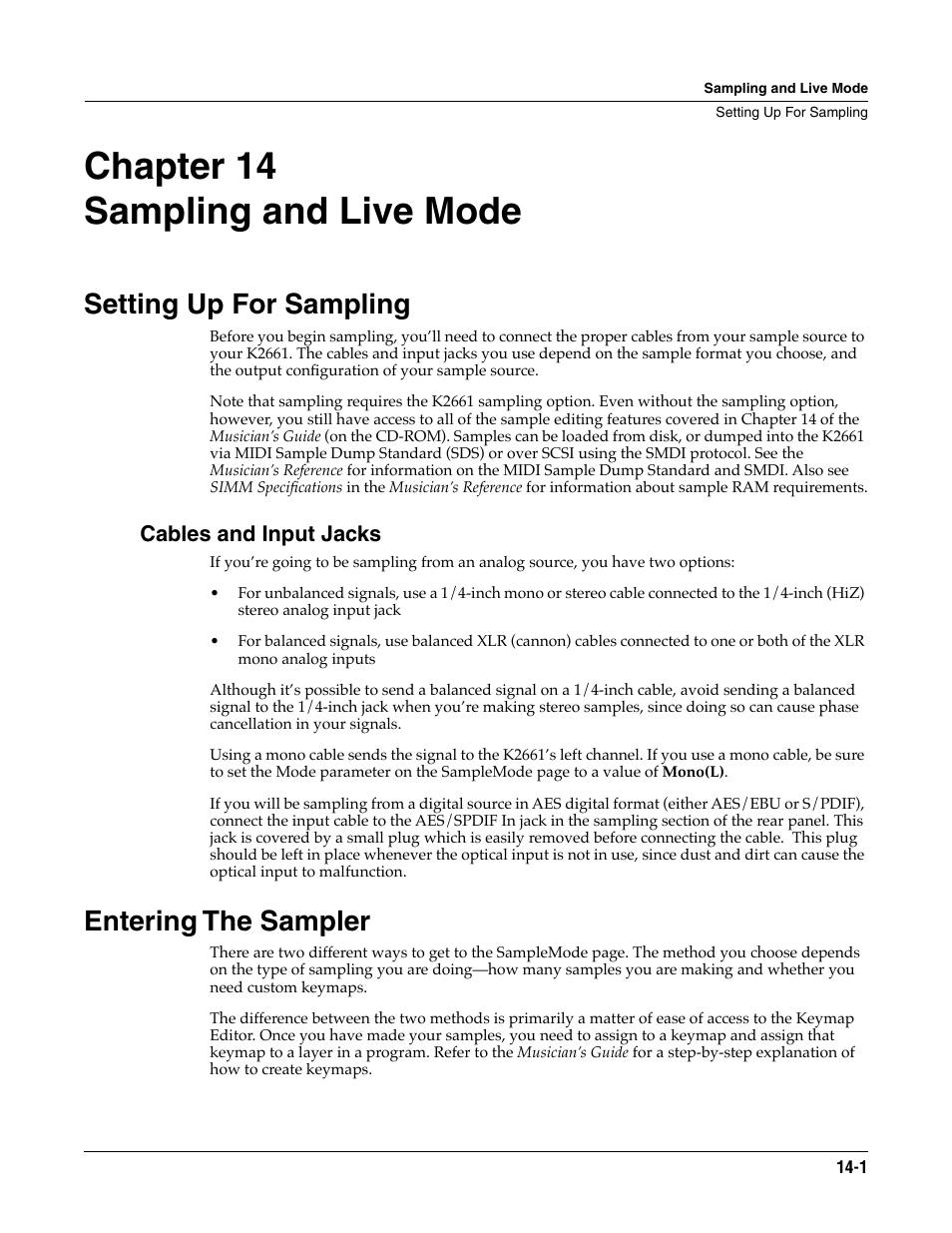 Sampling and live mode, Setting up for sampling, Cables and input jacks | Entering the sampler, Chapter 14 sampling and live mode, Setting up for sampling -1 entering the sampler -1 | ALESIS K2661 User Manual | Page 193 / 286