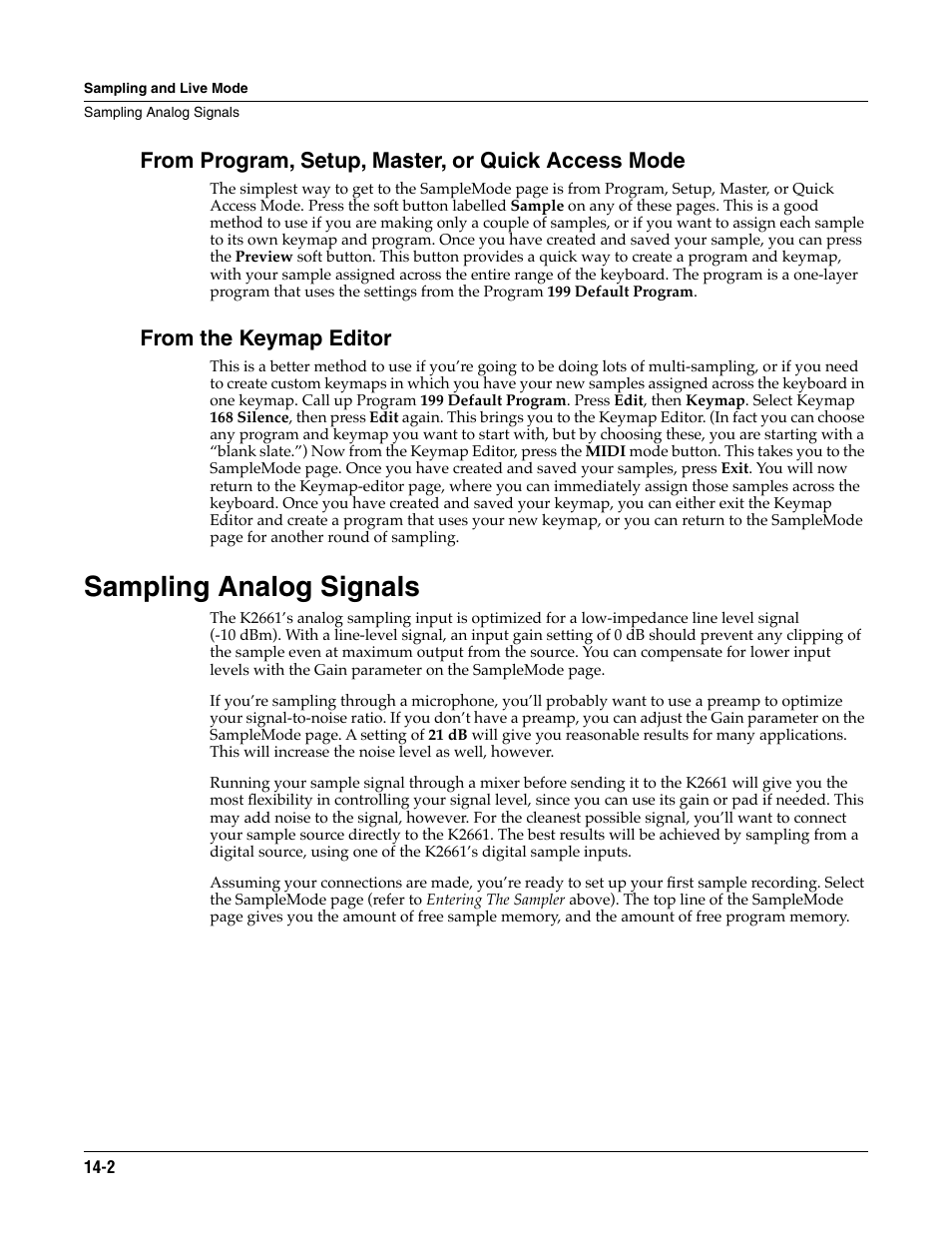 From program, setup, master, or quick access mode, From the keymap editor, Sampling analog signals | Sampling analog signals -2 | ALESIS K2661 User Manual | Page 194 / 286