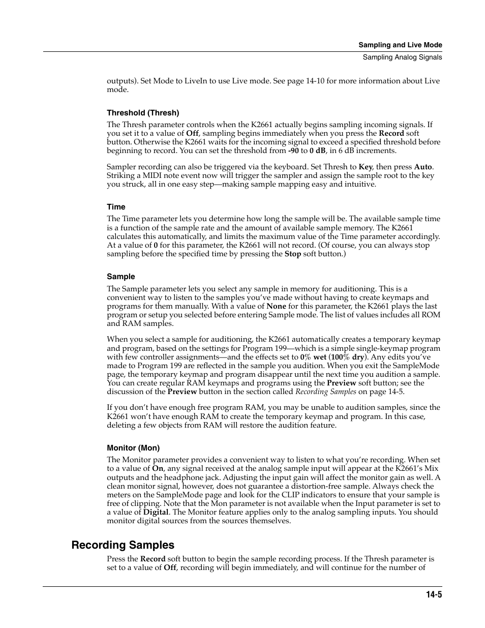 Threshold (thresh), Time, Sample | Monitor (mon), Recording samples | ALESIS K2661 User Manual | Page 197 / 286