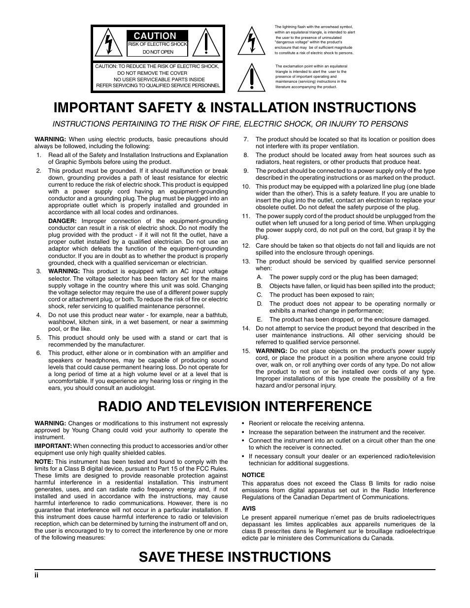 Important safety & installation instructions, Radio and television interference, Save these instructions | Caution | ALESIS K2661 User Manual | Page 2 / 286