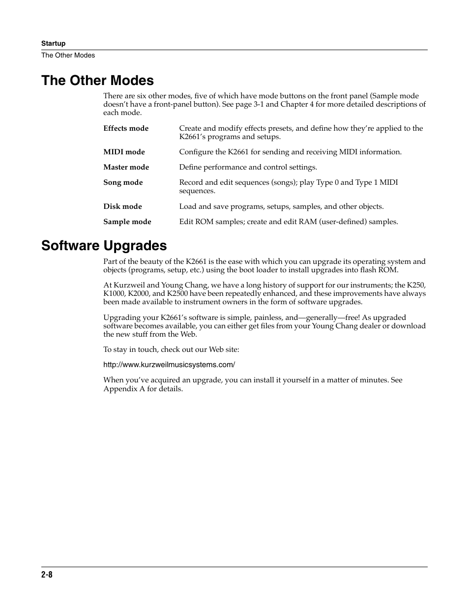 The other modes, Software upgrades, The other modes -8 software upgrades -8 | ALESIS K2661 User Manual | Page 20 / 286