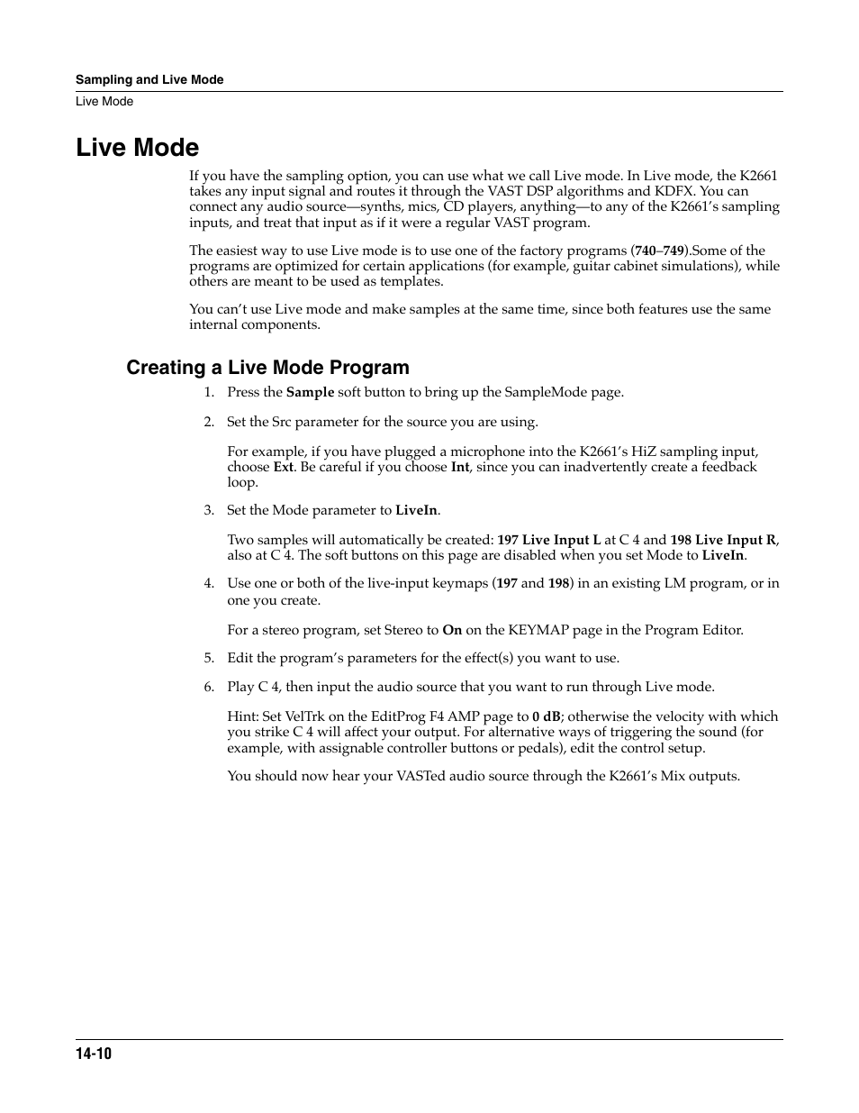 Live mode, Creating a live mode program, Live mode -10 | ALESIS K2661 User Manual | Page 202 / 286