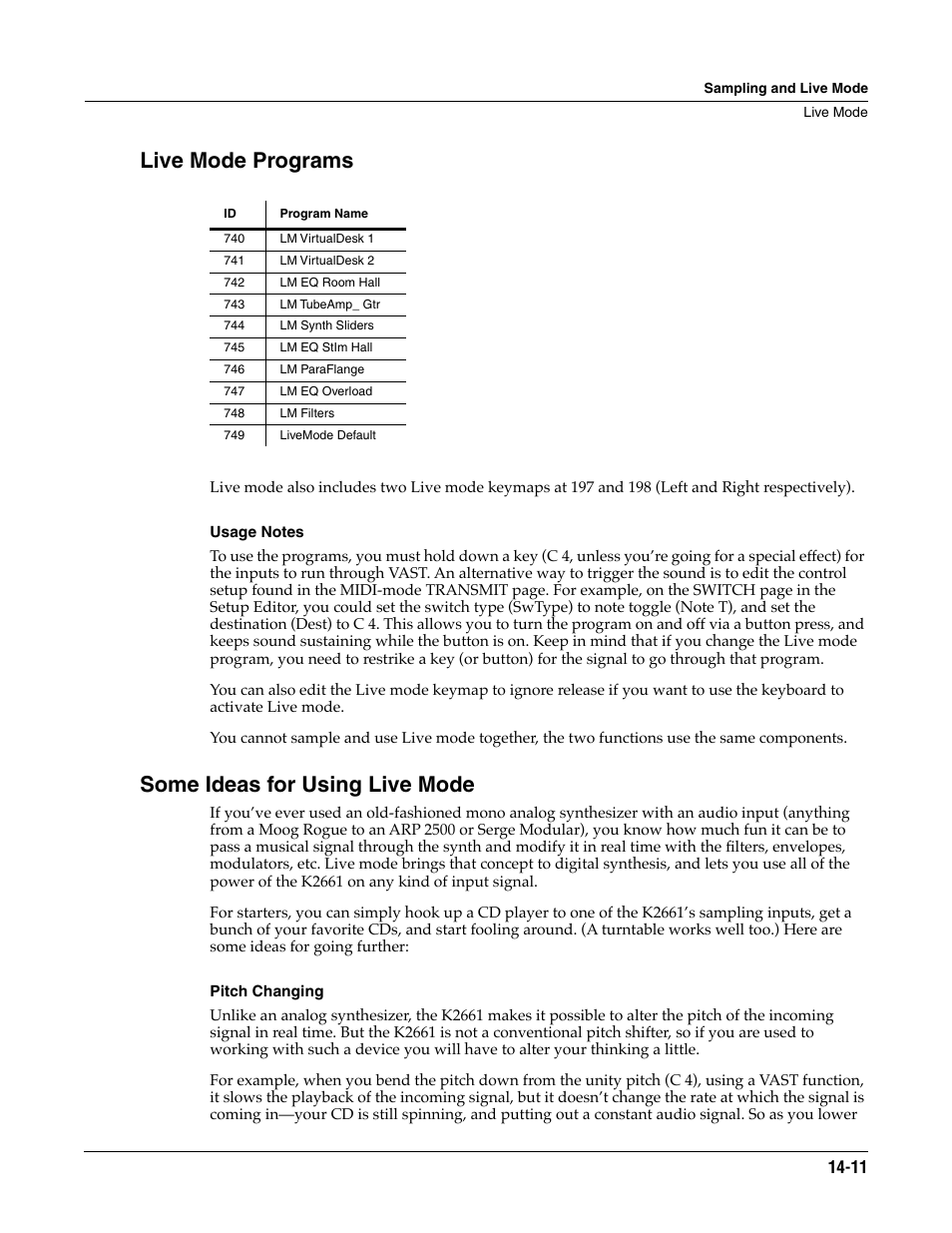 Live mode programs, Usage notes, Some ideas for using live mode | Pitch changing | ALESIS K2661 User Manual | Page 203 / 286