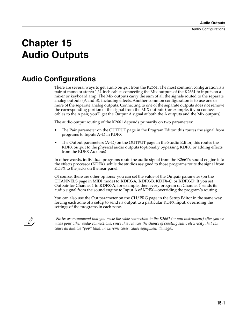 Audio outputs, Audio configurations, Chapter 15 audio outputs | Audio configurations -1 | ALESIS K2661 User Manual | Page 207 / 286