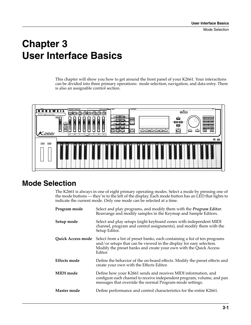 User interface basics, Mode selection, Chapter 3 | Mode selection -1, Chapter 3 user interface basics | ALESIS K2661 User Manual | Page 21 / 286