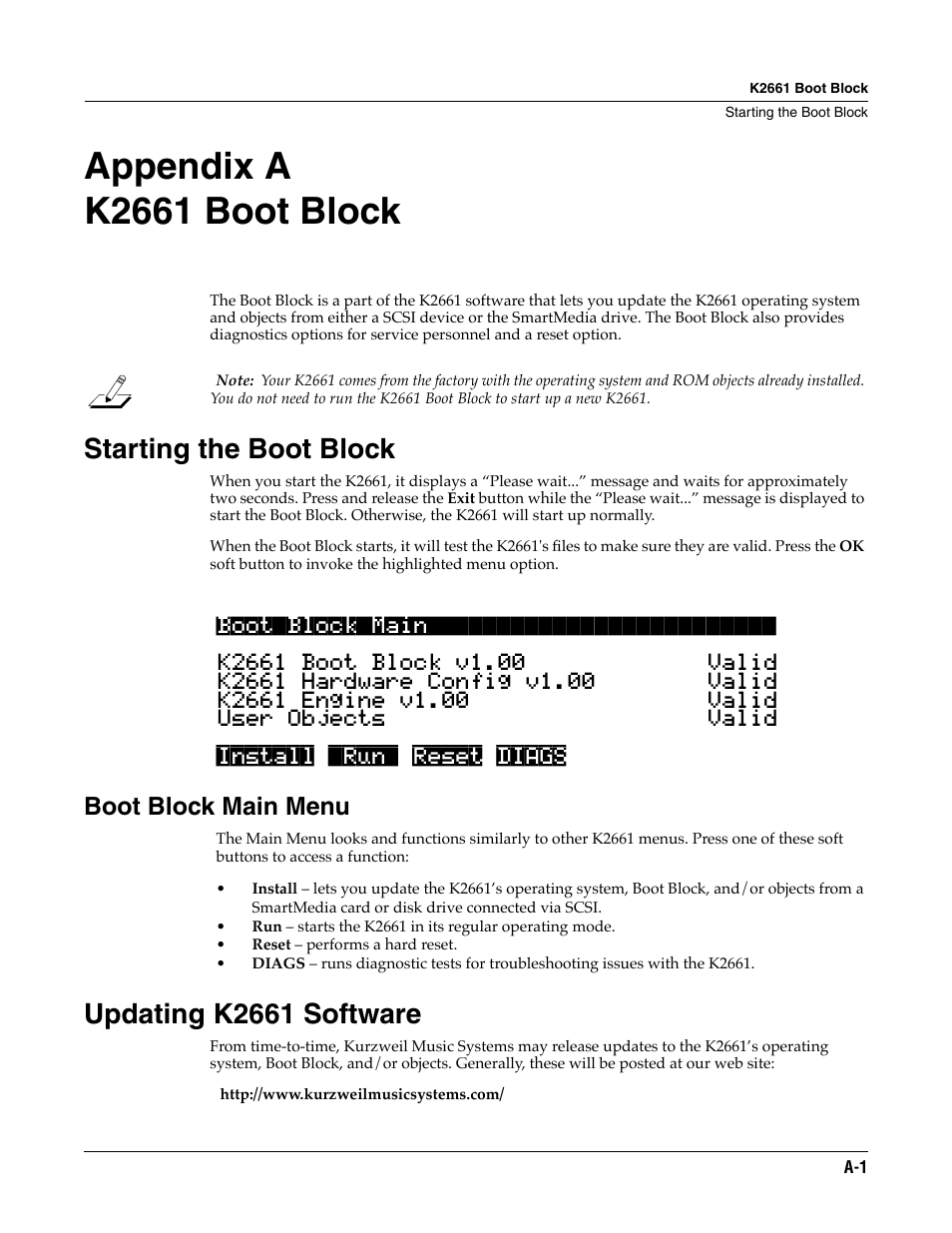 K2661 boot block, Starting the boot block, Updating k2661 software | Appendix a k2661 boot block, Boot block main menu | ALESIS K2661 User Manual | Page 211 / 286