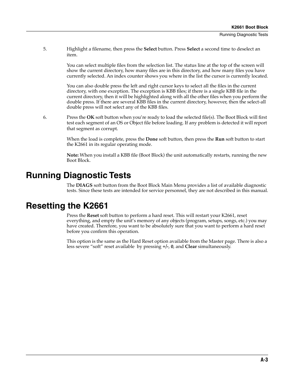 Running diagnostic tests, Resetting the k2661 | ALESIS K2661 User Manual | Page 213 / 286