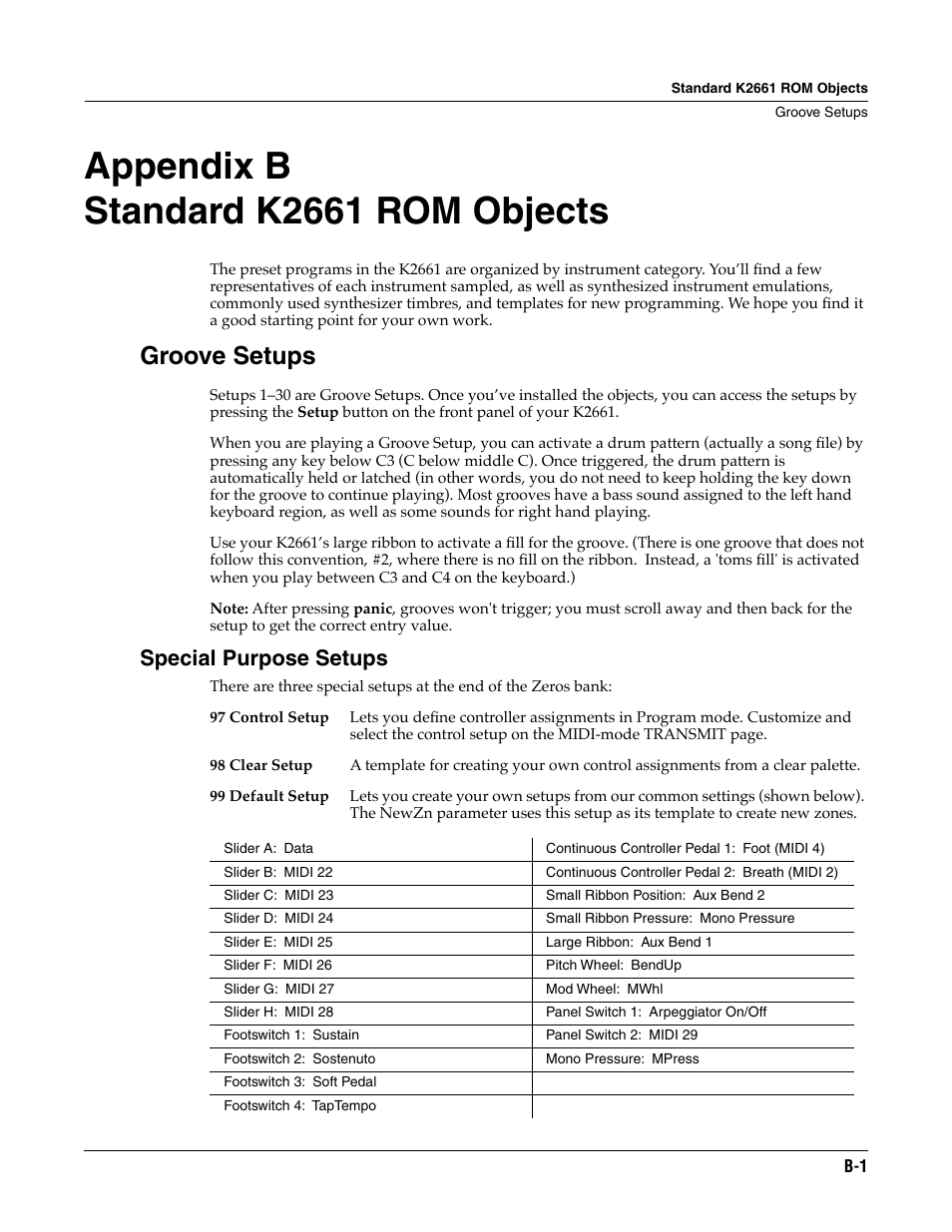 Standard k2661 rom objects, Groove setups, Special purpose setups | Appendix b standard k2661 rom objects | ALESIS K2661 User Manual | Page 215 / 286