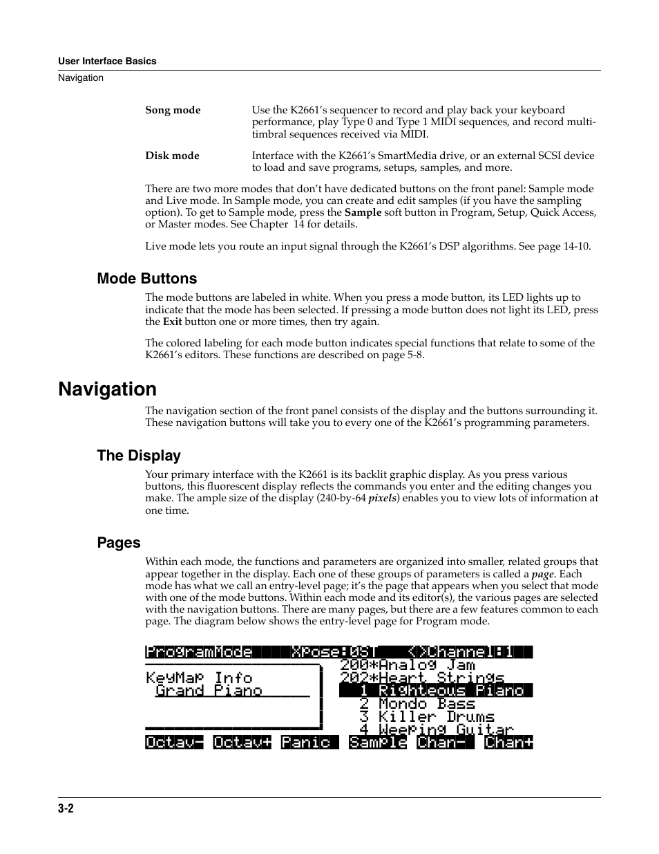 Mode buttons, Navigation, The display | Navigation -2, Pages | ALESIS K2661 User Manual | Page 22 / 286