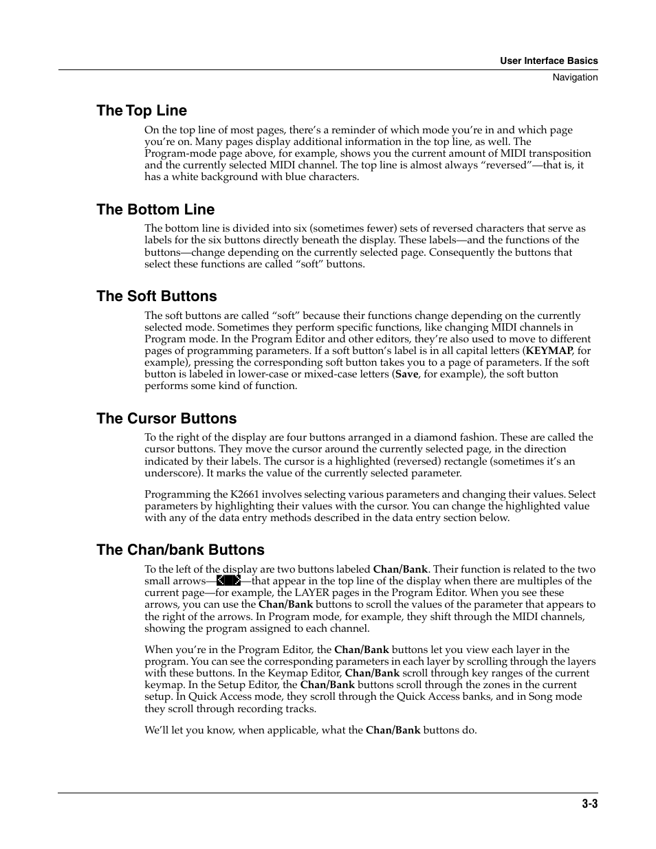 The top line, The bottom line, The soft buttons | The cursor buttons, The chan/bank buttons, The chan/bank buttons | ALESIS K2661 User Manual | Page 23 / 286