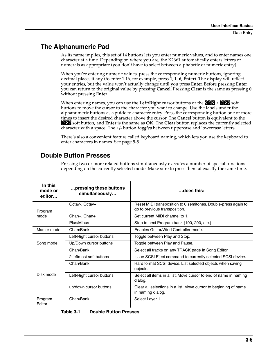 The alphanumeric pad, Double button presses | ALESIS K2661 User Manual | Page 25 / 286