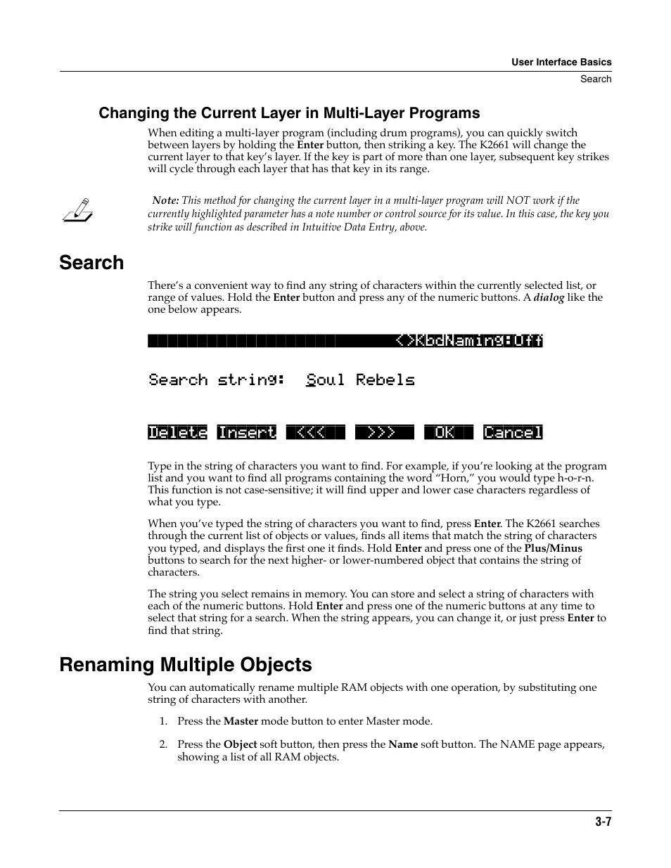 Changing the current layer in multi-layer programs, Search, Renaming multiple objects | Search -7 renaming multiple objects -7 | ALESIS K2661 User Manual | Page 27 / 286