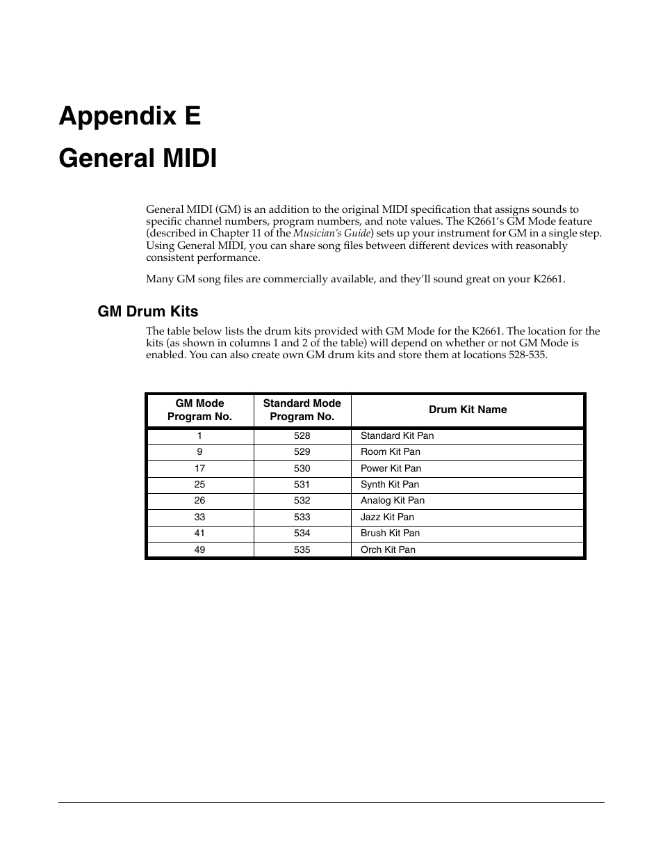 General midi, Gm drum kits, Appendix e general midi | ALESIS K2661 User Manual | Page 271 / 286