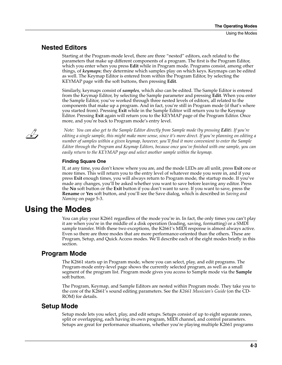 Nested editors, Finding square one, Using the modes | Program mode, Setup mode, Using the modes -3 | ALESIS K2661 User Manual | Page 33 / 286