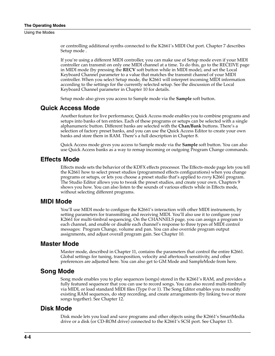 Quick access mode, Effects mode, Midi mode | Master mode, Song mode, Disk mode | ALESIS K2661 User Manual | Page 34 / 286