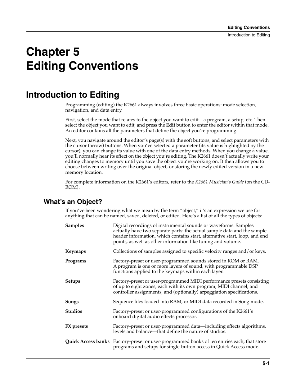 Editing conventions, Introduction to editing, What’s an object | Chapter 5, Introduction to editing -1, Chapter 5 editing conventions | ALESIS K2661 User Manual | Page 35 / 286