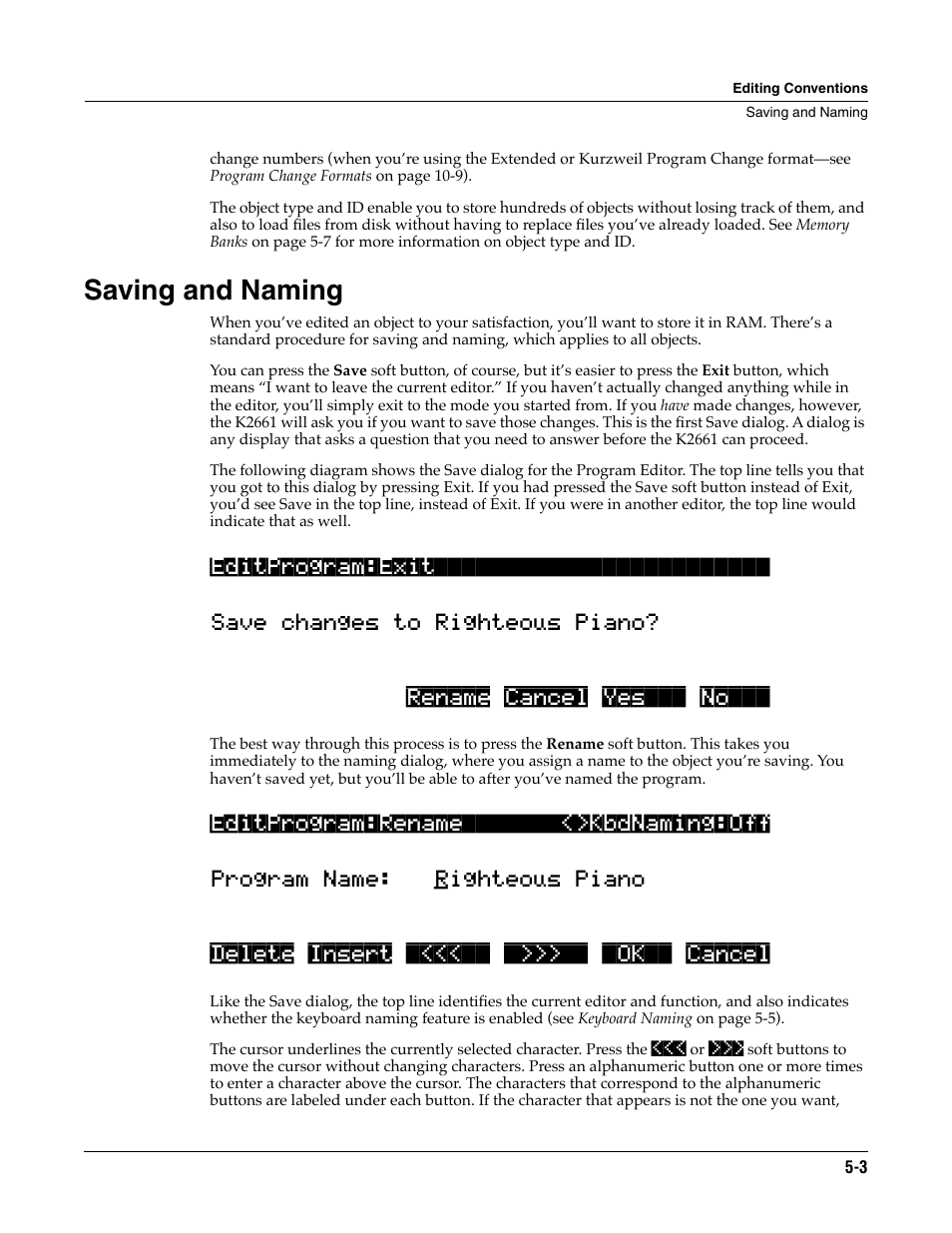 Saving and naming, Saving and naming -3 | ALESIS K2661 User Manual | Page 37 / 286