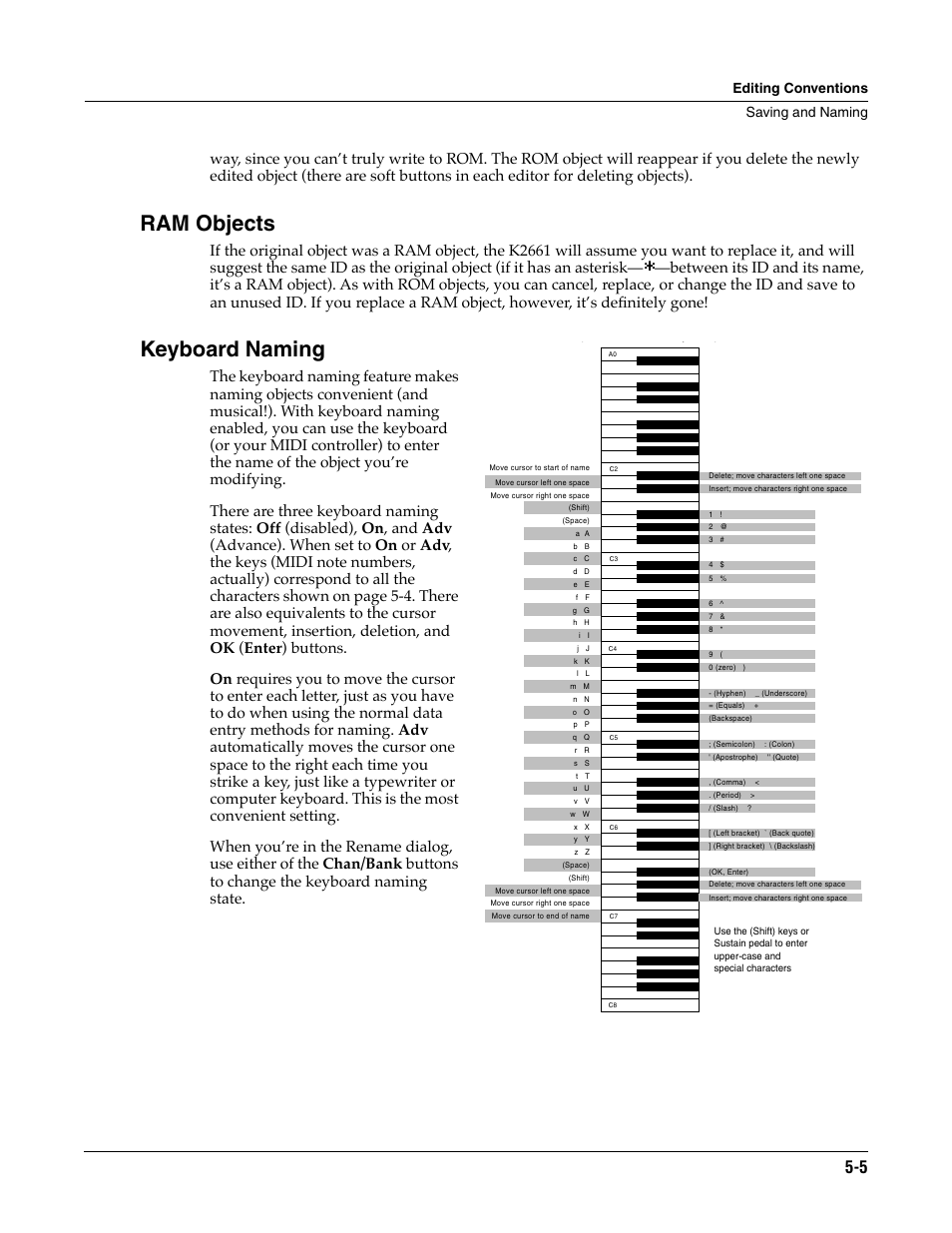 Ram objects, Keyboard naming, Editing conventions saving and naming | ALESIS K2661 User Manual | Page 39 / 286