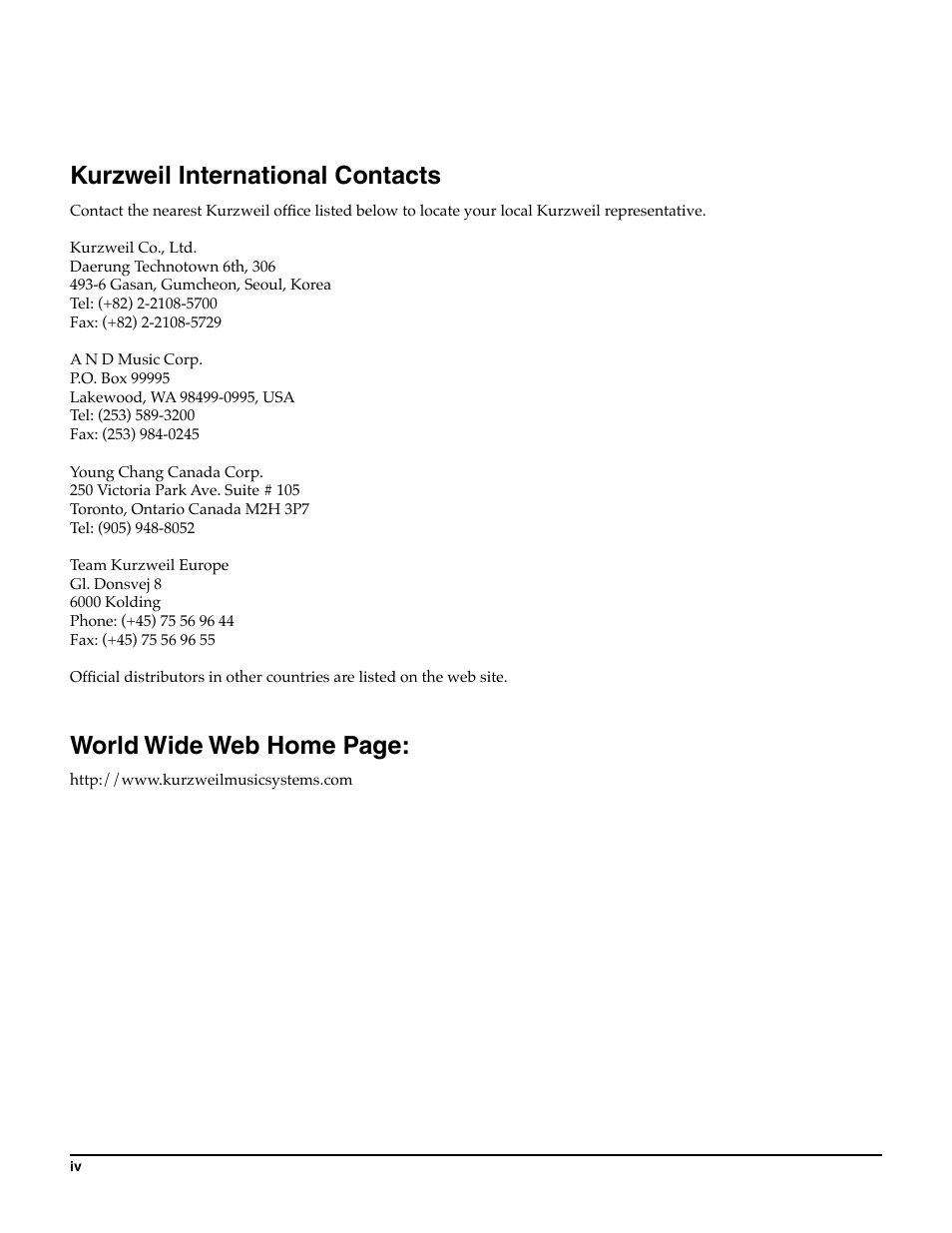 Kurzweil international contacts, World wide web home page | ALESIS K2661 User Manual | Page 4 / 286