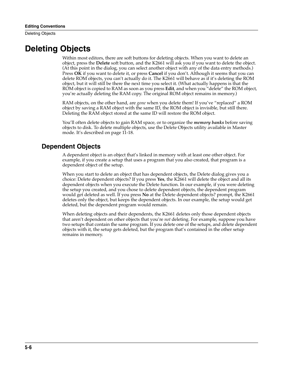 Deleting objects, Dependent objects, Deleting objects -6 | ALESIS K2661 User Manual | Page 40 / 286