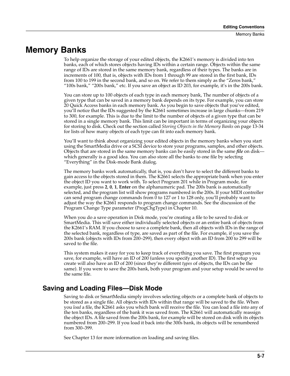 Memory banks, Saving and loading files—disk mode, Memory banks -7 | ALESIS K2661 User Manual | Page 41 / 286