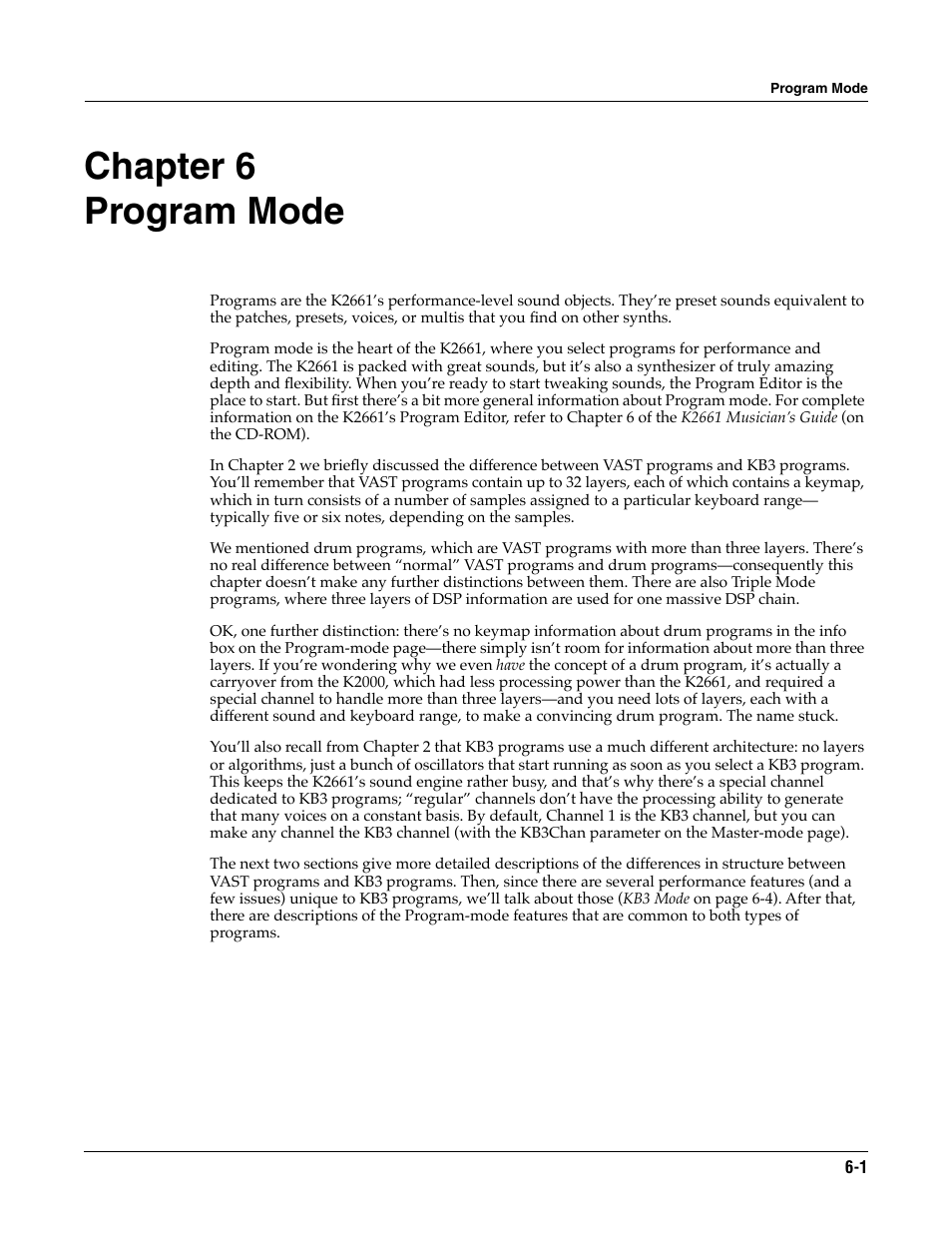 Program mode, Chapter 6, Ogramming, check out chapter 6 | Chapter 6 program mode | ALESIS K2661 User Manual | Page 43 / 286