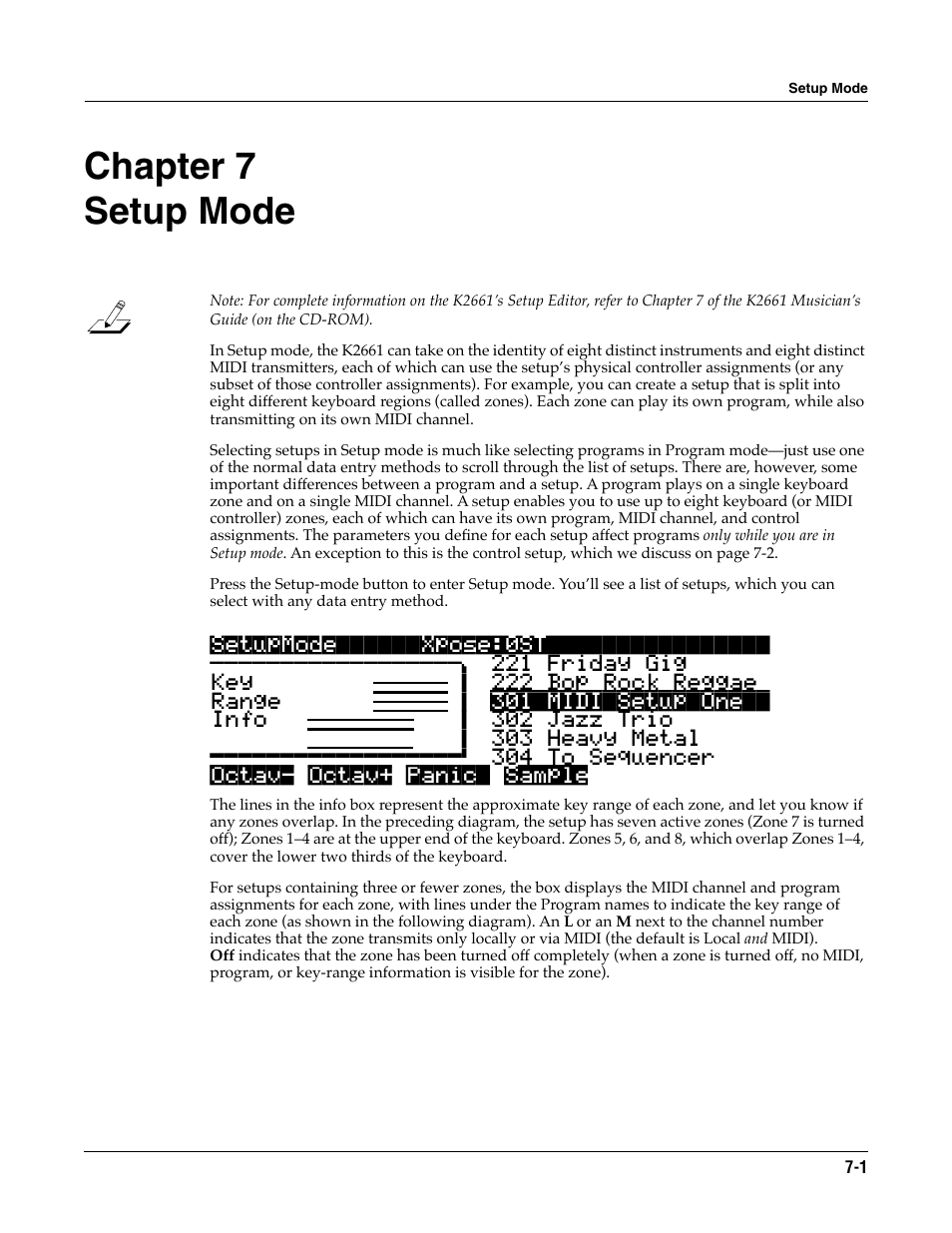 Setup mode, Chapter 7, Chapter 7 setup mode | ALESIS K2661 User Manual | Page 53 / 286