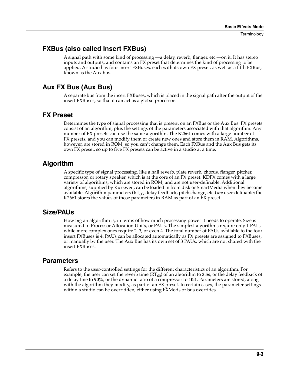 Fxbus (also called insert fxbus), Aux fx bus (aux bus), Fx preset | Algorithm, Size/paus, Parameters | ALESIS K2661 User Manual | Page 61 / 286