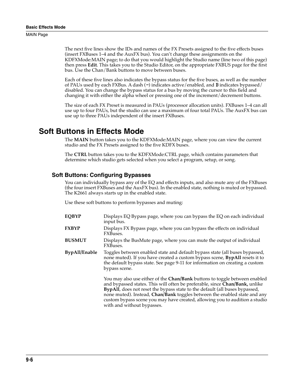 Soft buttons in effects mode, Soft buttons: configuring bypasses | ALESIS K2661 User Manual | Page 64 / 286