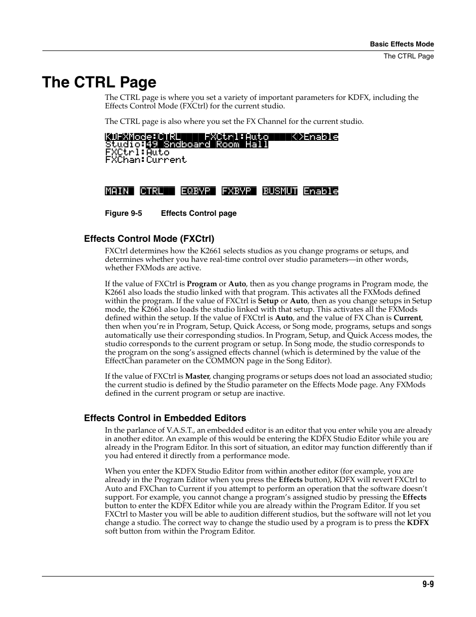 Effects control mode (fxctrl), Effects control in embedded editors, The ctrl page | ALESIS K2661 User Manual | Page 67 / 286