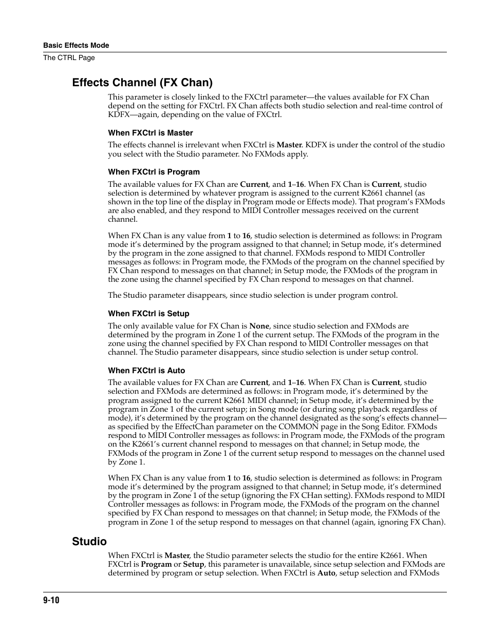 Effects channel (fx chan), When fxctrl is master, When fxctrl is program | When fxctrl is setup, When fxctrl is auto, Studio | ALESIS K2661 User Manual | Page 68 / 286