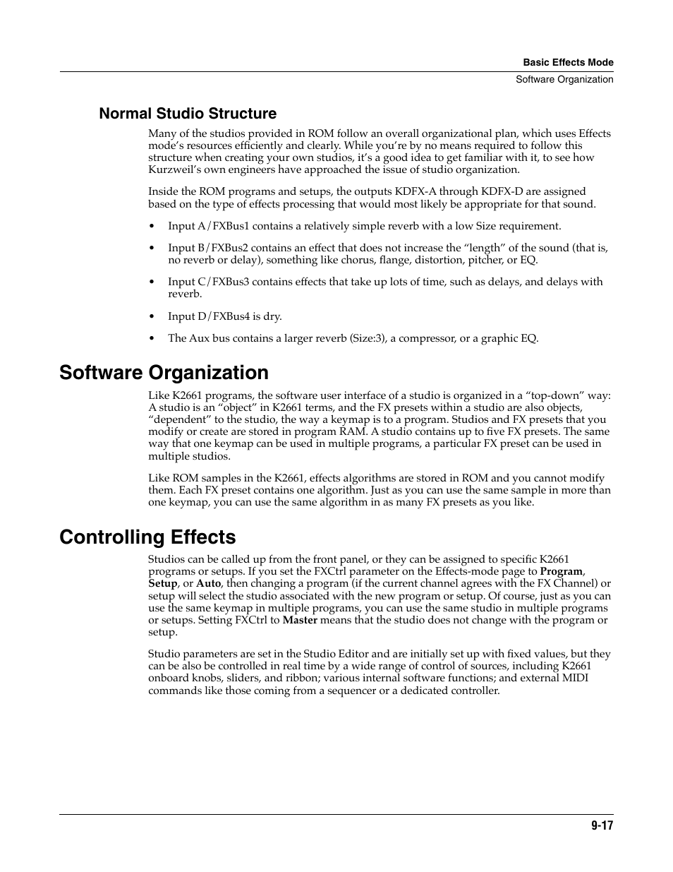Normal studio structure, Software organization, Controlling effects | Software organization -17 controlling effects -17 | ALESIS K2661 User Manual | Page 75 / 286