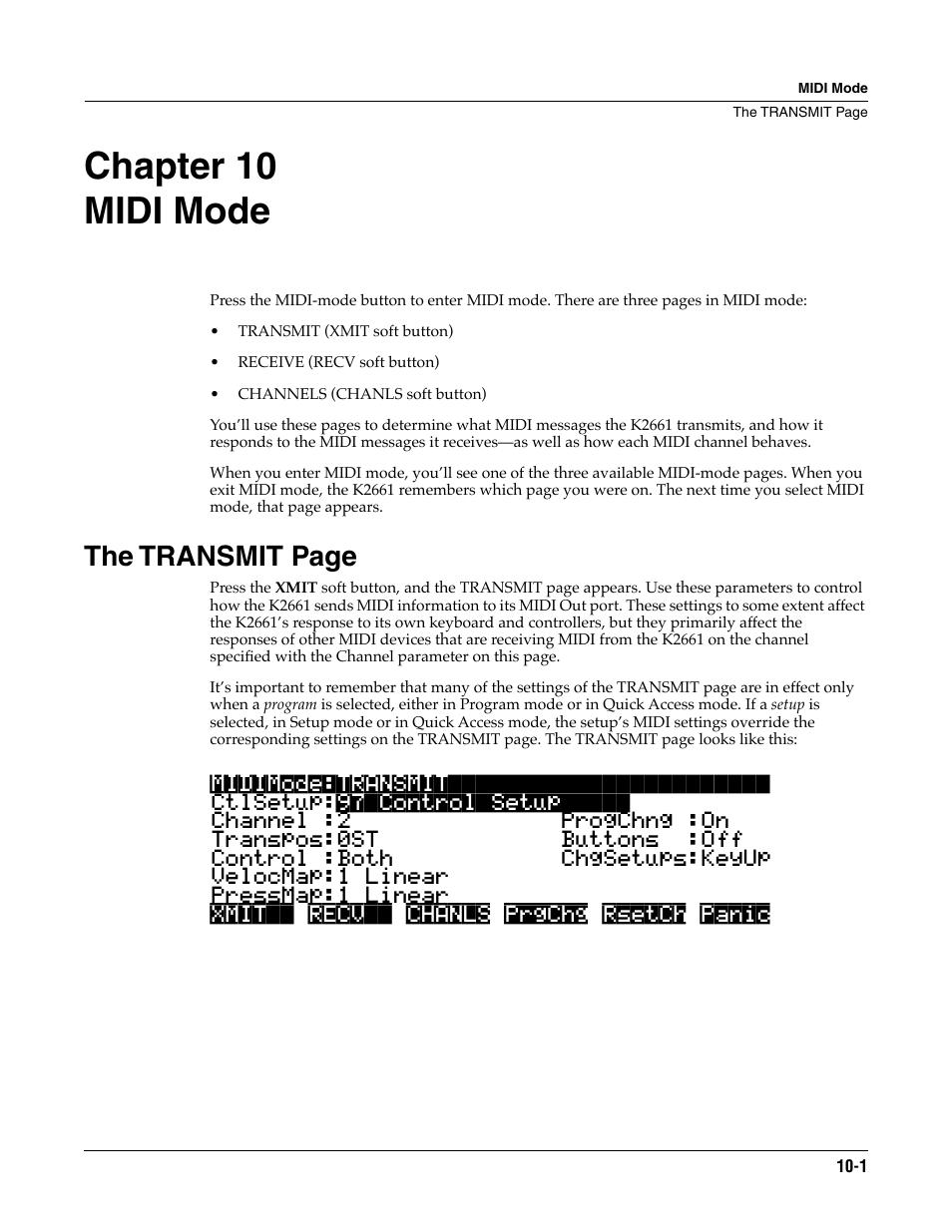 Midi mode, Chapter 10 midi mode, D channel parameter in chapter 10 for details | Ogram gain. see chapter 10, The transmit page | ALESIS K2661 User Manual | Page 77 / 286