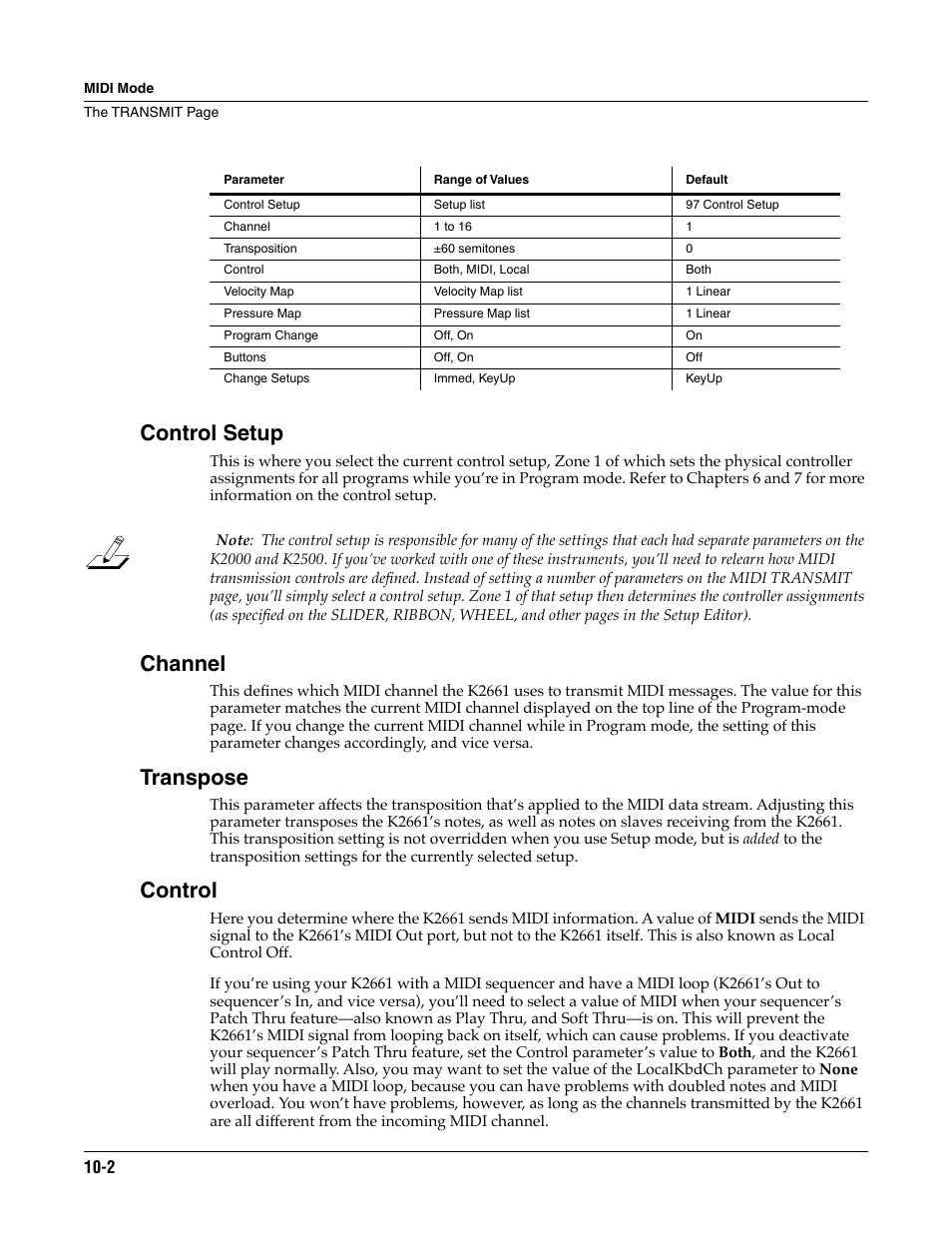 Control setup, Channel, Transpose | Control | ALESIS K2661 User Manual | Page 78 / 286