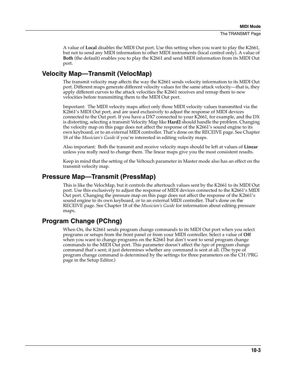 Velocity map—transmit (velocmap), Pressure map—transmit (pressmap), Program change (pchng) | ALESIS K2661 User Manual | Page 79 / 286