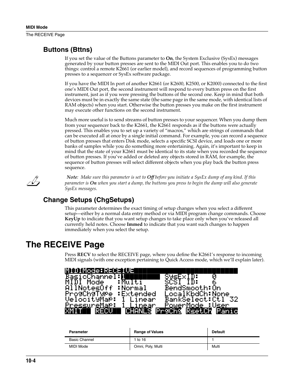 Buttons (bttns), Change setups (chgsetups), The receive page | ALESIS K2661 User Manual | Page 80 / 286