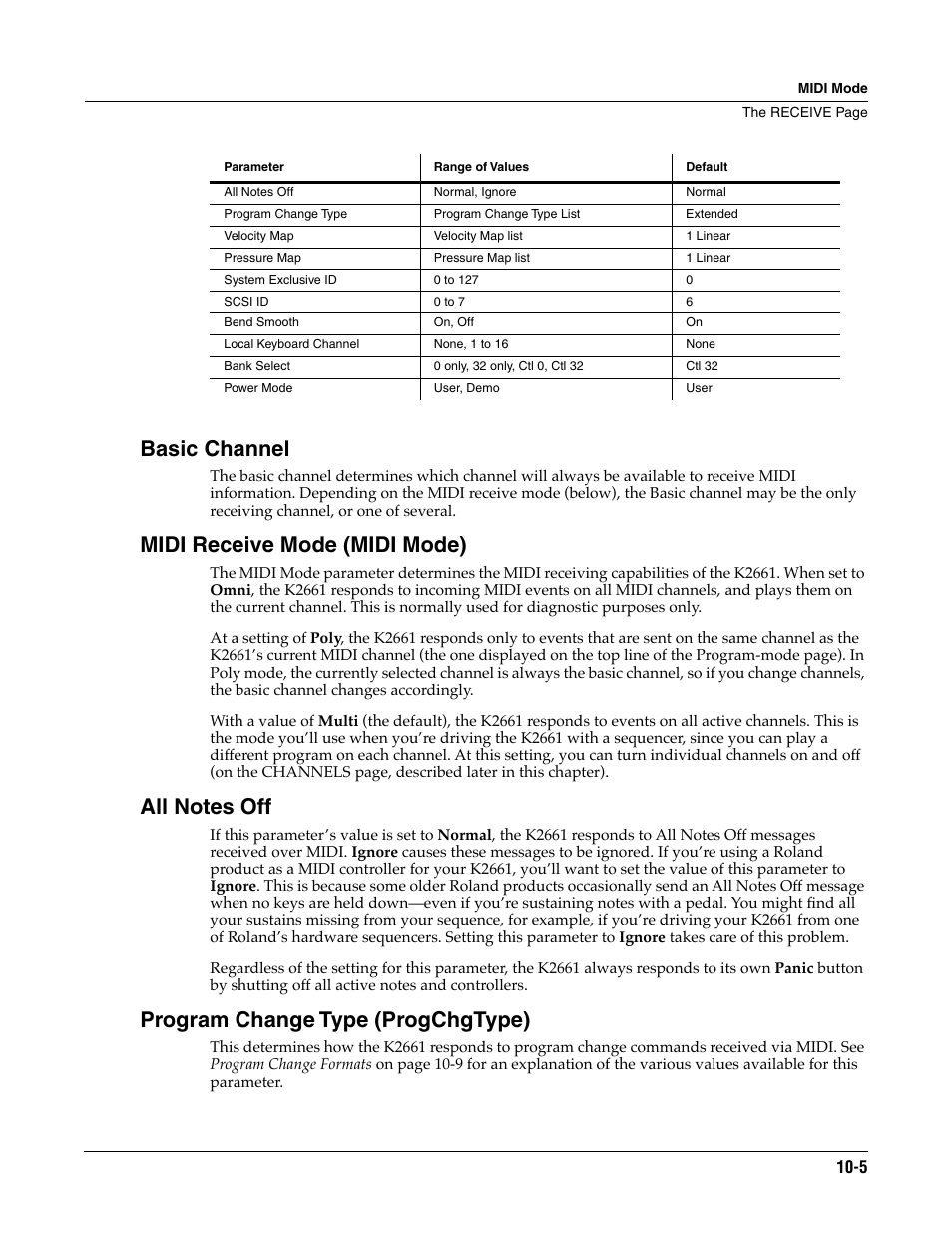 Basic channel, Midi receive mode (midi mode), All notes off | Program change type (progchgtype) | ALESIS K2661 User Manual | Page 81 / 286