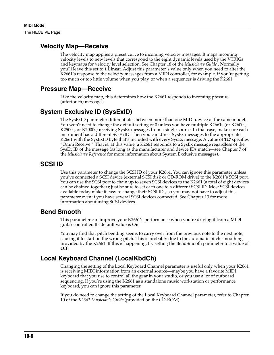 Velocity map—receive, Pressure map—receive, System exclusive id (sysexid) | Scsi id, Bend smooth, Local keyboard channel (localkbdch) | ALESIS K2661 User Manual | Page 82 / 286